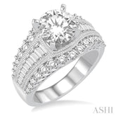 1 1/2 Ctw Baguette and Round Cut Diamond Round Shape Semi-Mount Engagement Ring in 14K White Gold