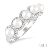 4 MM Round Shape Cultured Pearl and 1/5 Ctw Round Cut Diamond Halo Ring in 14K White Gold