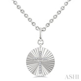 1/10 Ctw Round Fluted Medallion Single Cut Diamond Cross Pendant With Chain in Sterling Silver