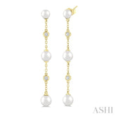 4 MM, 5 MM & 6 MM Round Shape Cultured Pearls and 1/10 Ctw Round Cut Diamond Station Long Earring in 14K Yellow Gold