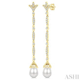 9X7 MM Marquise Link Teardrop Cultured Pearl and 1/2 Ctw Round Cut Diamond Long Earring in 14K Yellow Gold