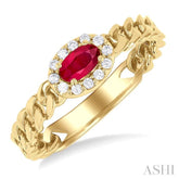 5x3 MM Oval Cut Ruby and 1/10 Ctw Curb & Cuban Link East-West Round Cut Diamond Halo Precious Ring in 10K Yellow Gold
