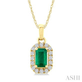 5x3 MM Octagonal Shape Emerald and 1/20 Ctw Round Cut Diamond Halo Precious Pendant with Chain in 10K Yellow Gold