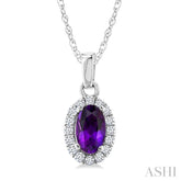 5x3 MM Oval Shape Amethyst and 1/20 Ctw Round Cut Diamond Halo Semi-Precious Pendant with Chain in 10K White Gold