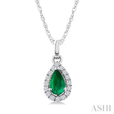 5x3 MM Pear Shape Emerald and 1/20 Ctw Round Cut Diamond Halo Precious Pendant with Chain in 10K White Gold