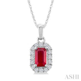 5x3 MM Octagonal Shape Ruby and 1/20 Ctw Round Cut Diamond Halo Precious Pendant with Chain in 10K White Gold
