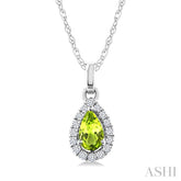 5x3 MM Pear Shape Peridot and 1/20 Ctw Round Cut Diamond Halo Semi-Precious Pendant with Chain in 10K White Gold