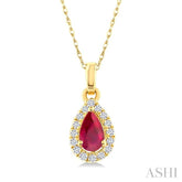 5x3 MM Pear Shape Ruby and 1/20 Ctw Single Cut Diamond Halo Precious Pendant with Chain in 14K Yellow Gold