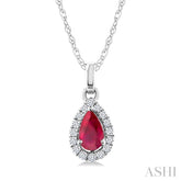 5x3 MM Pear Shape Ruby and 1/20 Ctw Round Cut Diamond Halo Precious Pendant with Chain in 10K White Gold