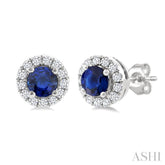 3.25 MM Round Sapphire and 1/10 Ctw Round Cut Diamond Halo Precious Stud Earrings in 10K White Gold