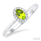 5x3 MM Oval Shape Peridot and 1/20 Ctw Single Cut Diamond Halo Semi-Precious Ring in 10K White Gold