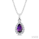 5x3 MM Pear Shape Amethyst and 1/20 Ctw Round Cut Diamond Halo Semi-Precious Pendant with Chain in 10K White Gold