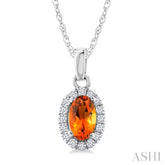 5x3 MM Oval Shape Citrine and 1/20 Ctw Round Cut Diamond Halo Semi-Precious Pendant with Chain in 14K White Gold