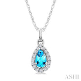 5x3 MM Pear Shape Blue Topaz and 1/20 Ctw Round Cut Diamond Halo Semi-Precious Pendant with Chain in 10K White Gold