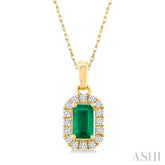 5x3 MM Octagonal Shape Emerald and 1/20 Ctw Single Cut Diamond Halo Precious Pendant with Chain in 14K Yellow Gold