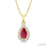 5x3 MM Pear Shape Ruby and 1/20 Ctw Round Cut Diamond Halo Precious Pendant with Chain in 10K Yellow Gold