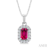 5x3 MM Octagonal Shape Pink Tourmaline and 1/20 Ctw Round Cut Diamond Halo Semi-Precious Pendant with Chain in 10K White Gold