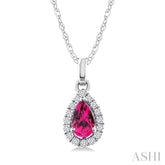 5x3 MM Pear Shape Pink Tourmaline and 1/20 Ctw Round Cut Diamond Halo Semi-Precious Pendant with Chain in 10K White Gold