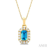 5x3 MM Octagonal Shape Blue Topaz and 1/20 Ctw Single Cut Diamond Halo Semi-Precious Pendant with Chain in 14K Yellow Gold