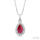 5x3 MM Pear Shape Ruby and 1/20 Ctw Single Cut Diamond Halo Precious Pendant with Chain in 14K White Gold