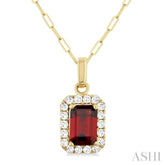 6x4 MM Octagonal Shape Garnet and 1/6 Ctw Round Cut Diamond Halo Semi-Precious Pendant with Chain in 14K Yellow Gold