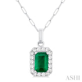 6x4 MM Octagonal Shape Emerald and 1/6 Ctw Round Cut Diamond Halo Precious Pendant with Chain in 10K White Gold