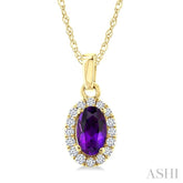 5x3 MM Oval Shape Amethyst and 1/20 Ctw Round Cut Diamond Halo Semi-Precious Pendant with Chain in 10K Yellow Gold