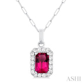6x4 MM Octagonal Shape Pink Tourmaline and 1/6 Ctw Round Cut Diamond Halo Semi-Precious Pendant with Chain in 10K White Gold