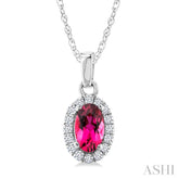 5x3 MM Oval Shape Pink Tourmaline and 1/20 Ctw Round Cut Diamond Halo Semi-Precious Pendant with Chain in 10K White Gold