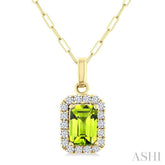 6x4 MM Octagonal Shape Peridot and 1/6 Ctw Round Cut Diamond Halo Semi-Precious Pendant with Chain in 14K Yellow Gold