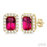 6x4 MM Octagonal Shape Pink Tourmaline and 1/4 Ctw Round Cut Diamond Halo Semi-Precious Stud Earrings in 10K Yellow Gold