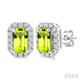 5x3 MM Octagonal Shape Peridot and 1/8 Ctw Round Cut Diamond Halo Semi-Precious Stud Earrings in 10K White Gold