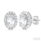 5x3 MM Oval Shape White Topaz and 1/8 Ctw Single Cut Diamond Halo Semi-Precious Stud Earrings in 10K White Gold