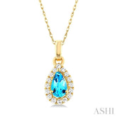 5x3 MM Pear Shape Blue Topaz and 1/20 Ctw Single Cut Diamond Halo Semi-Precious Pendant with Chain in 10K Yellow Gold