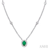 6x4 MM Oval Cut Emerald and 1/6 Ctw Round Cut Diamond Necklace in 14K White Gold