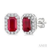 5x3 MM Octagonal Shape Ruby and 1/8 Ctw Round Cut Diamond Halo Precious Stud Earrings in 10K White Gold