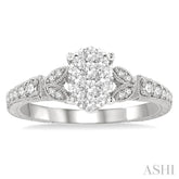 1/2 Ctw Oval Shape Leaf Carved Shank Lovebright Round Cut Diamond Engagement Ring in 14K White Gold