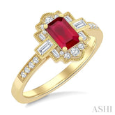 1/3 Ctw Art Deco 6X4MM Octagon Shape Ruby, Baguette and Round Cut Diamond Precious Fashion Ring in 14K Yellow Gold