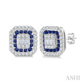 1/3 Ctw Octagonal Shape 1.25MM Round Cut Sapphire, Baguette and Round Cut Diamond Fusion Precious Stud Earring in 14K White Gold