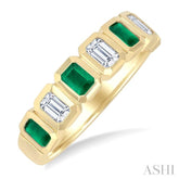 4X3 MM Octagonal Shape Emerald and 5/8 Ctw Emerald Cut Diamond 7 Stone Bezel Set Precious Fashion Band in 14K Yellow Gold
