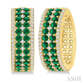 3/4 Ctw 2.00MM Round Cut Emerald and Round Cut Diamond Precious Hoop Earring in 14K Yellow Gold