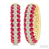 1/2 Ctw 2MM Round Cut Ruby and Round Cut Diamond Precious Hoop Earring in 14K Yellow Gold