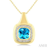 8 MM Cushion Shape Blue Topaz and 1/20 Ctw Round Cut Diamond Semi-Precious Pendant With Chain in Yellow Gold Vermeil