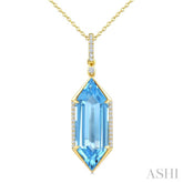 22X8 MM Evoque Gemstones Hexagon Shape Blue Topaz and 1/6 Ctw Round Cut Diamond Semi-Precious Pendant With Chain in 14K Yellow Gold