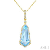 16X7 MM Evoque Gemstones Shield Shape Blue Topaz and 1/5 Ctw Round Cut Diamond Semi-Precious Pendant With Chain in 10K Yellow Gold