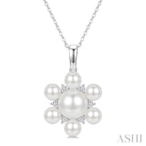4MM & 7MM White Cultured Pearl and 1/10 Ctw Floral Round Cut Diamond Fashion Pendant With Chain in 10K White Gold