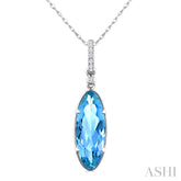 16X6 MM Evoque Gemstones Oval Shape Blue Topaz and 1/20 Ctw Round Cut Diamond Semi-Precious Pendant With Chain in 10K White Gold