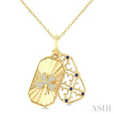 1 MM Round Sapphire and 1/20 Ctw Fluted Texture & Clover Round Cut Diamond Precious Pendant With Chain in 10K Yellow Gold