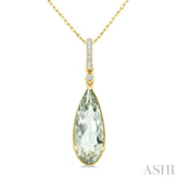 16X6 MM Pear Shape Green Amethyst and 1/20 Ctw Round Cut Diamond Semi-Precious Pendant With Chain in 10K Yellow Gold