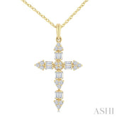 1/3 Ctw Baguette and Round Cut Diamond Geometric Cross Charm Fashion Pendant With Chain in 14K Yellow Gold